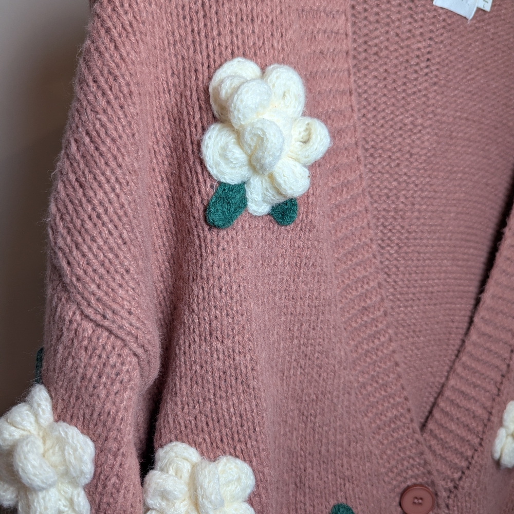 Luna Ivy Women's Size L Floral Embellished Pink Cardigan Sweater - Picture 3 of 9